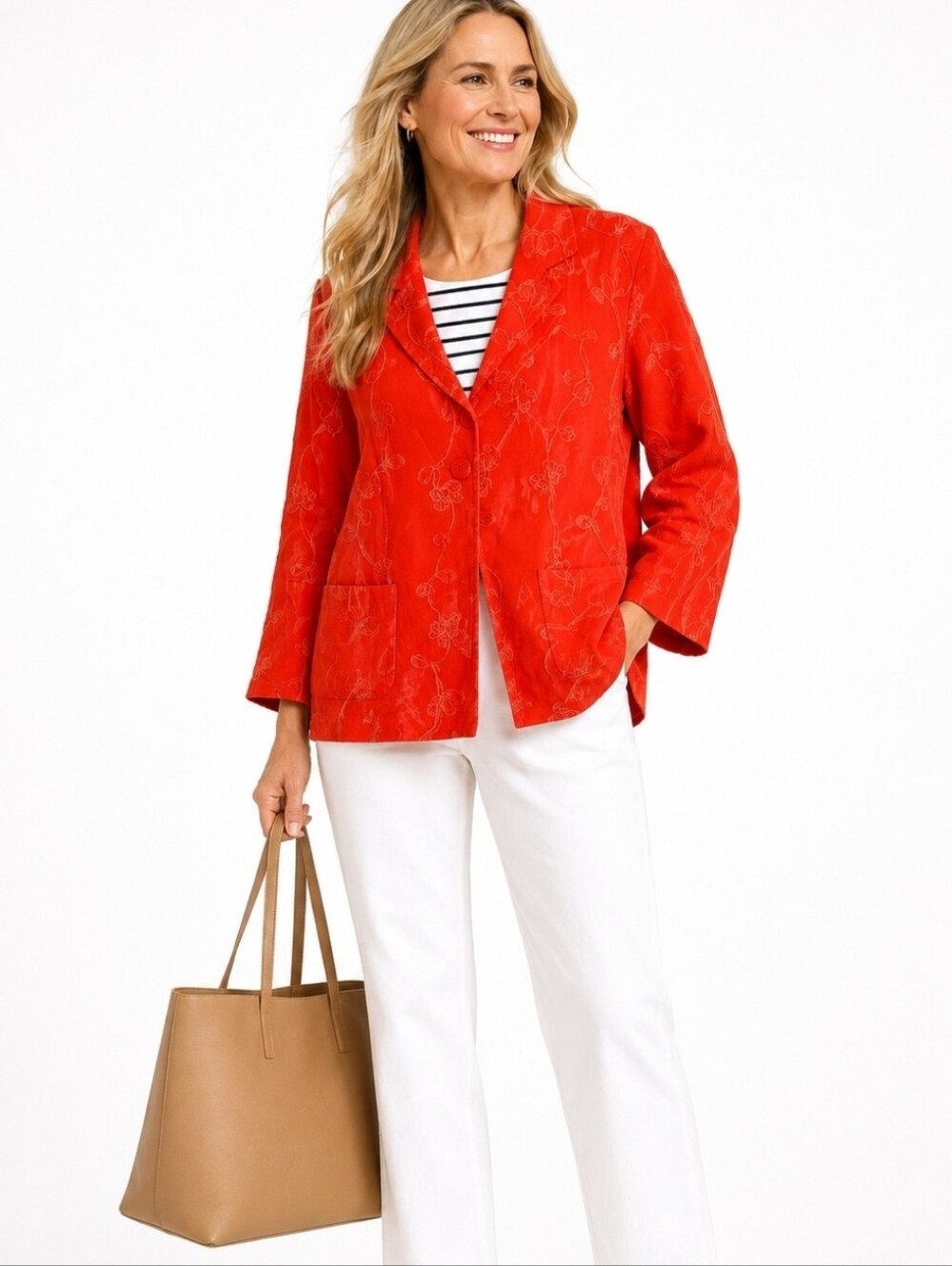 Coldwater Creek Embroidered Coral Linen blend Jacket, Petite Small